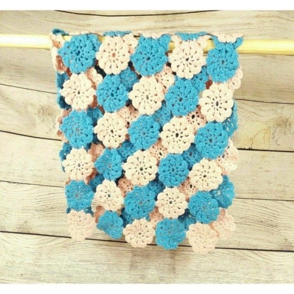 Knitted Wool Blanket Blue/Pink Floral Baby Kids Dorm Bedroom Crochet Throw Quilt - Picture 1 of 11